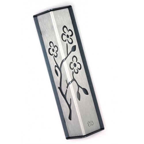 Angular Shiny Silver Aluminum Mezuzah Case - Almond Tree by Shraga Landesman