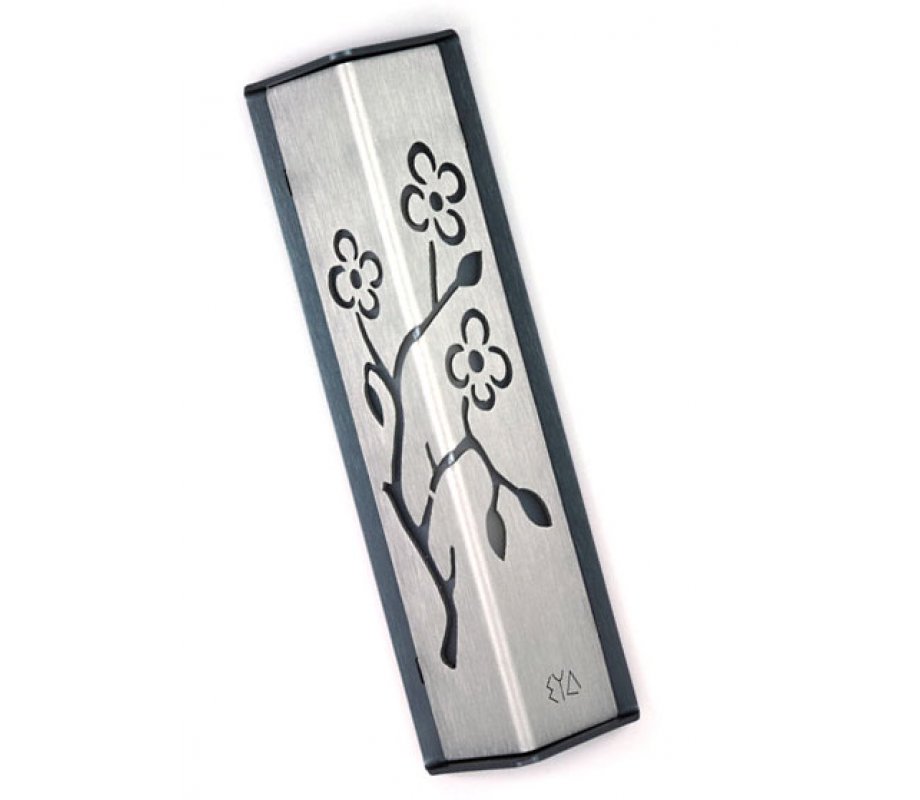 Angular Shiny Silver Aluminum Mezuzah Case - Almond Tree by Shraga Landesman