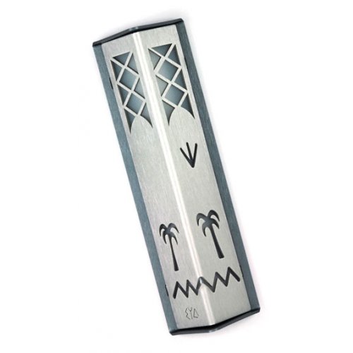 Angular Shiny Silver Aluminum Mezuzah Case - Palm Tree Motif by Shraga Landesman