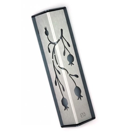 Angular Shiny Silver Aluminum Mezuzah Case - Pomegranate Motif by Shraga Landesman