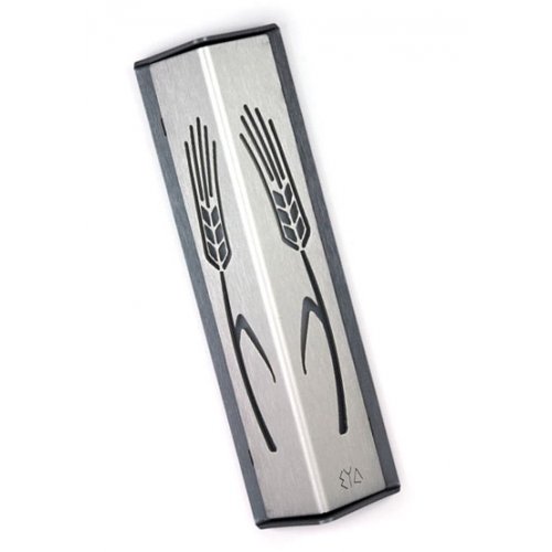 Angular Shiny Silver Aluminum Mezuzah Case - Wheat Motif by Shraga Landesman