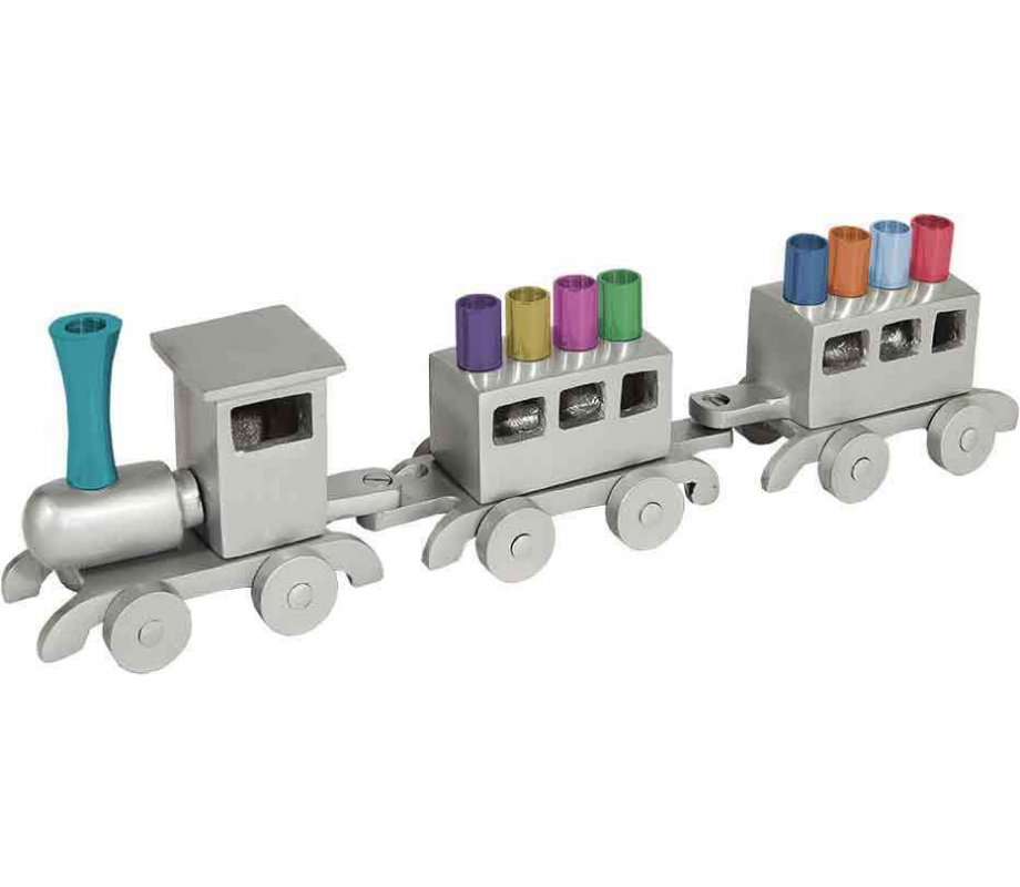Anodized Aluminum Child's Train Hanukkah Menorah, Silver - Yair Emanuel
