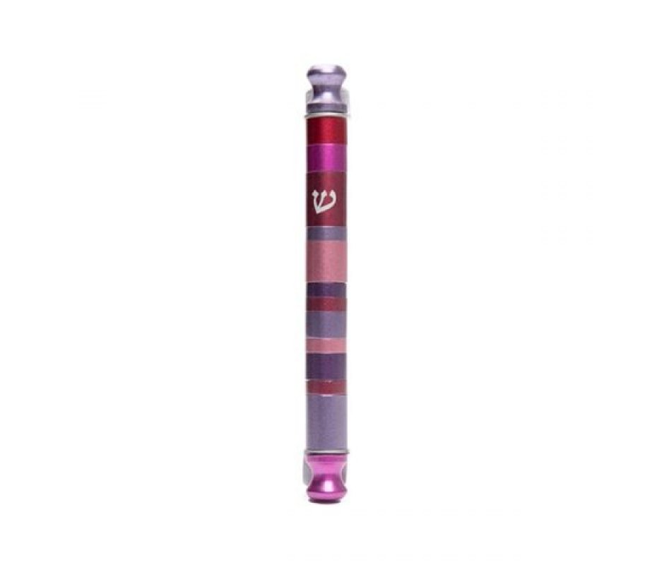 Anodized Aluminum Cylinder Mezuzah Case, Stripes in Maroon and Pink - Yair Emanuel
