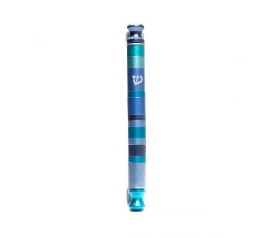 Anodized Aluminum Cylinder Mezuzah Case, Stripes in Shades of Blue - Yair Emanuel