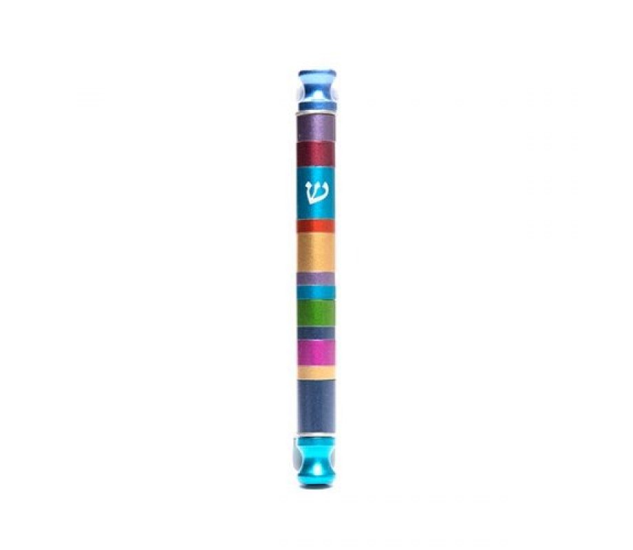 Anodized Aluminum Cylinder Mezuzah Case with Colorful Stripes - Yair Emanuel