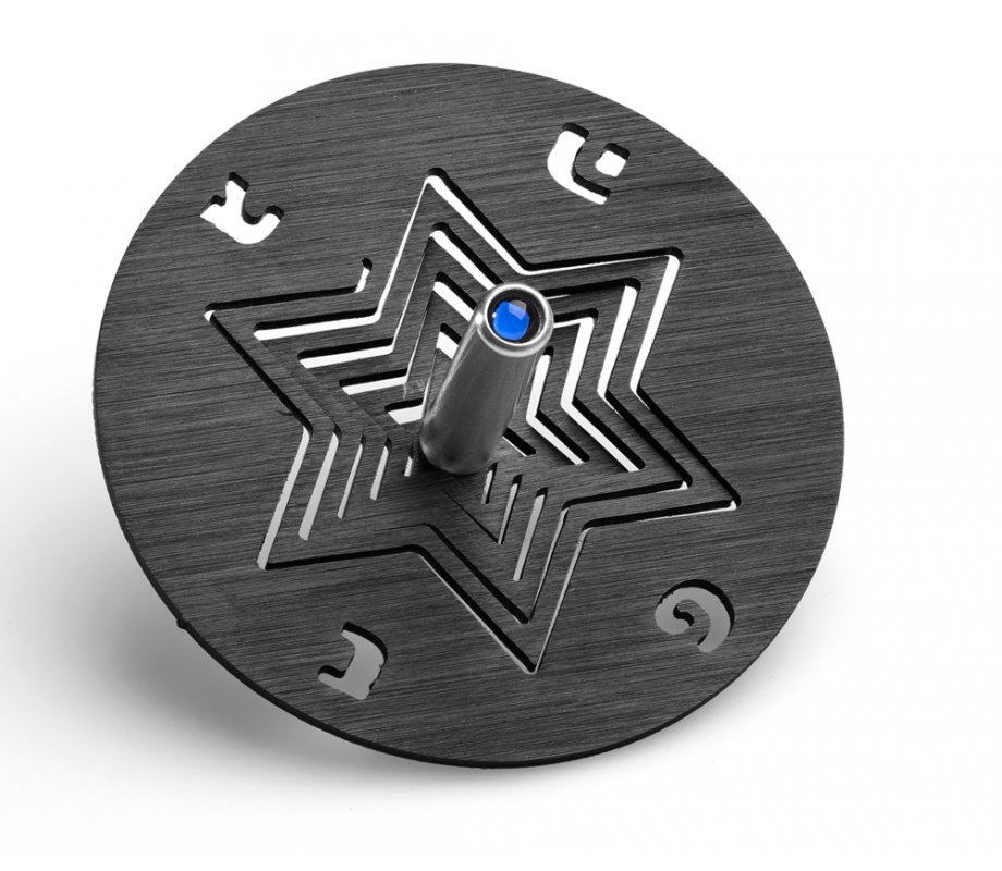 Anodized Aluminum Hanukkah Dreidel and Stand Star of David, Black - Adi Sidler