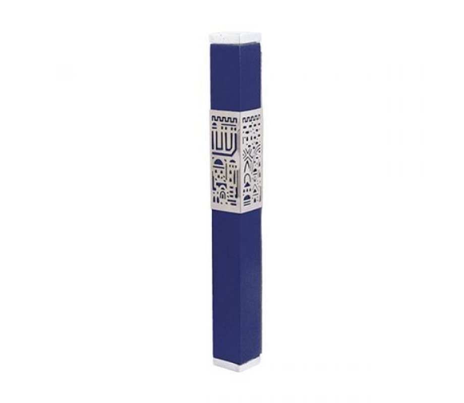 Anodized Aluminum Mezuzah Case, Cutout Jerusalem Band, Blue - Yair Emanuel