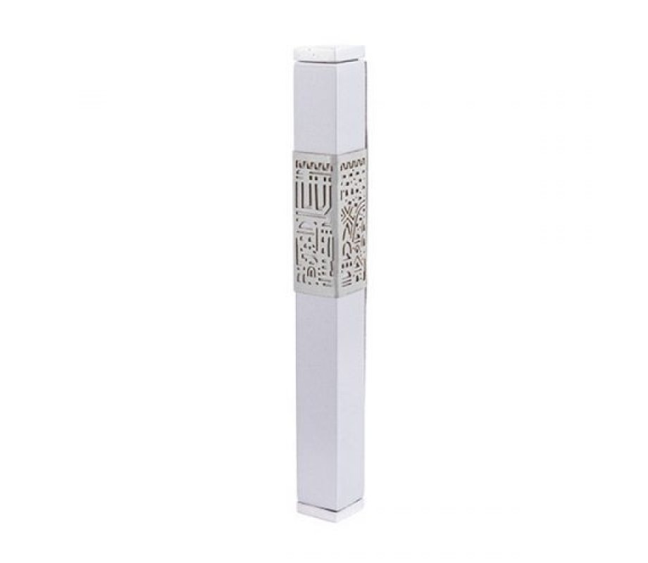 Anodized Aluminum Mezuzah Case Cutout Jerusalem Band, White - Yair Emanuel
