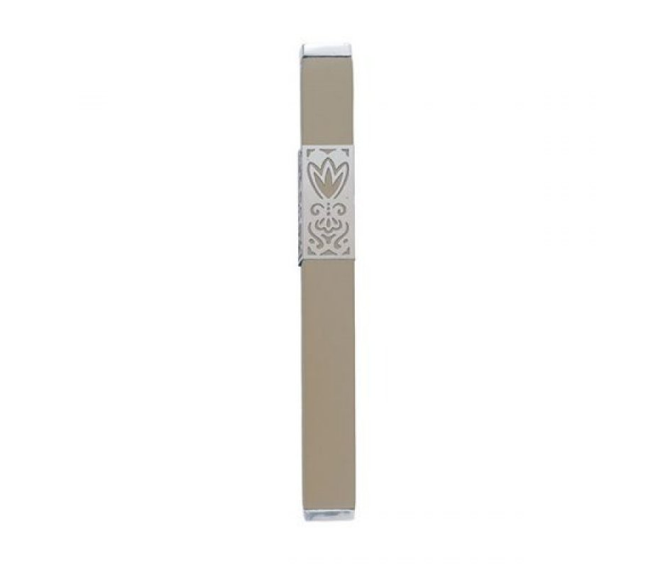 Anodized Aluminum Mezuzah Case Decorative Cutout Flower, Beige - Yair Emanuel
