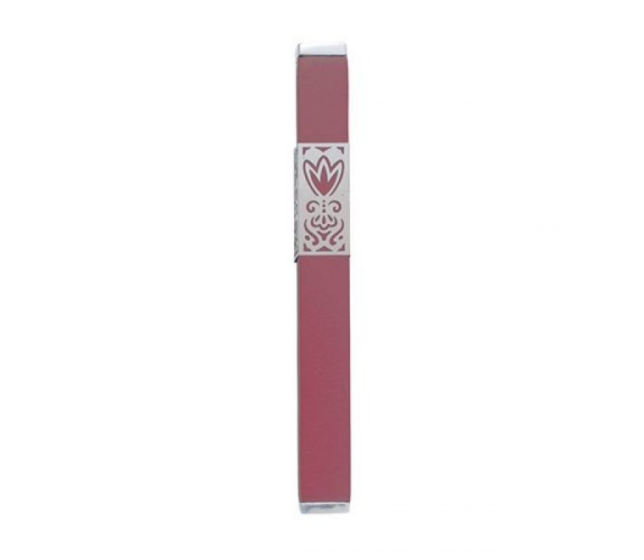 Anodized Aluminum Mezuzah Case Decorative Cutout Flower, Maroon - Yair Emanuel