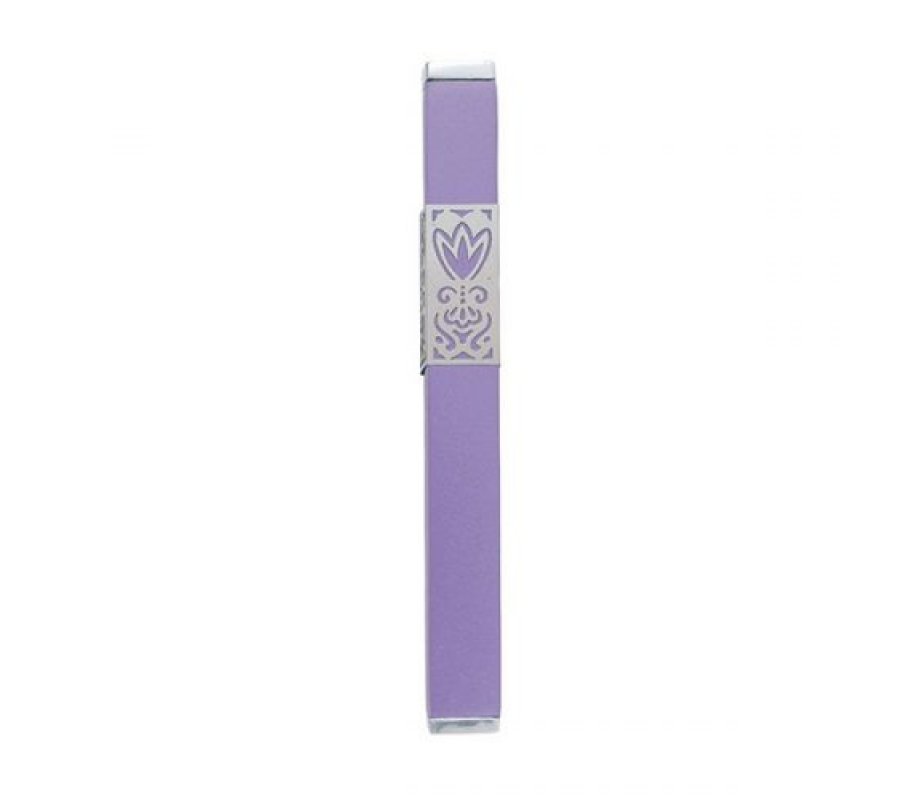 Anodized Aluminum Mezuzah Case Decorative Cutout Flower, Purple - Yair Emanuel
