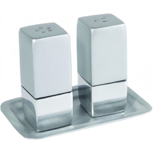 Anodized Aluminum Pillar 3-Piece Salt Pepper & Tray Set by Yair Emanuel