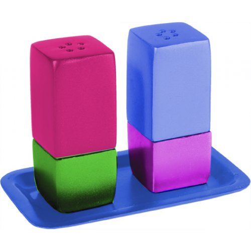 Anodized Aluminum Pillar 3-Piece Salt Pepper & Tray Set by Yair Emanuel