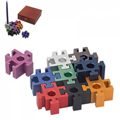Anodized Aluminum Puzzle Pieces Chanukah Menorah, Colorful - Dabach Judaica