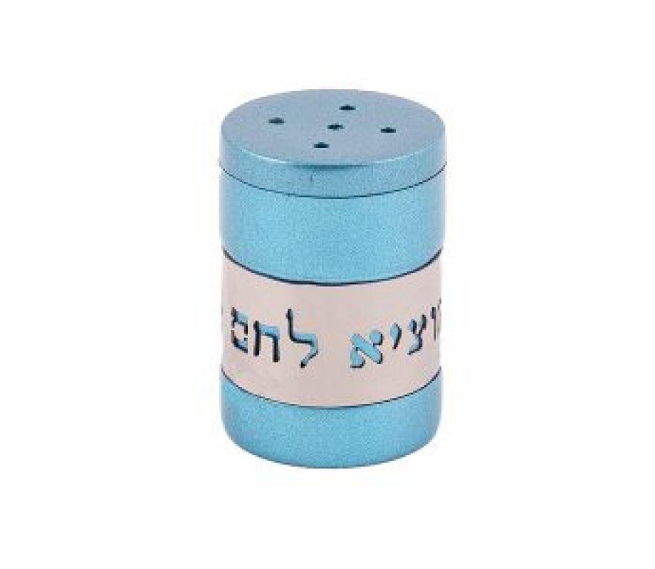 Anodized Aluminum Salt Shaker with Bread Blessing Cutout, Blue - Yair Emanuel