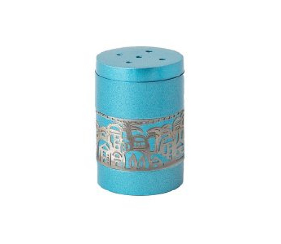 Anodized Aluminum Salt Shaker with Cutout Jerusalem Band, Turquoise - Yair Emanuel