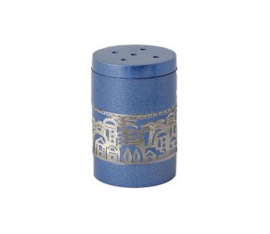 Anodized Aluminum Salt Shaker with Decorative Jerusalem Band, Blue - Yair Emanuel
