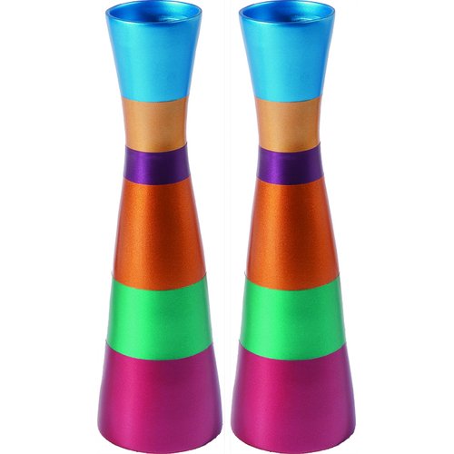 Anodized Aluminum Slender Shabbat Candlesticks - Colored Bands by Yair Emanuel