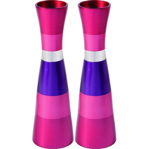 Anodized Aluminum Slender Shabbat Candlesticks - Colored Bands by Yair Emanuel