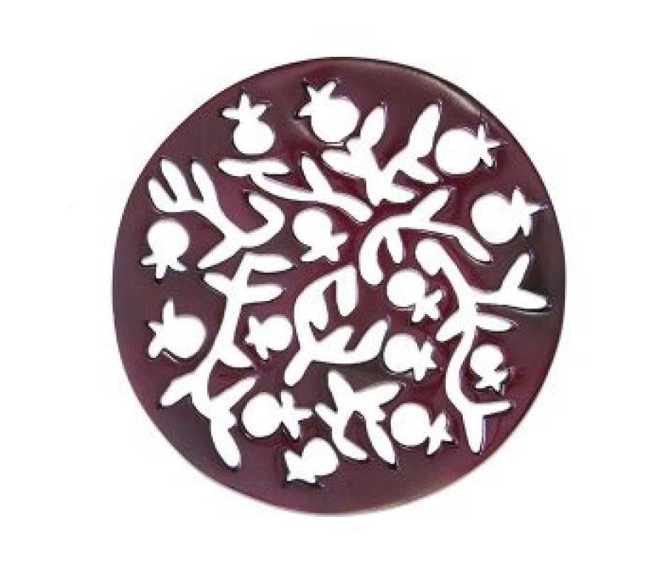 Anodized Aluminum Trivet with Pomegranates, Maroon - Yair Emanuel