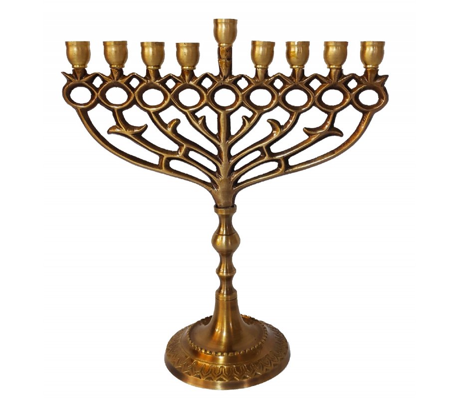 Antique Deep Gold Pomegranate Design Hanukkah Menorah, for Candles - 10 Inches