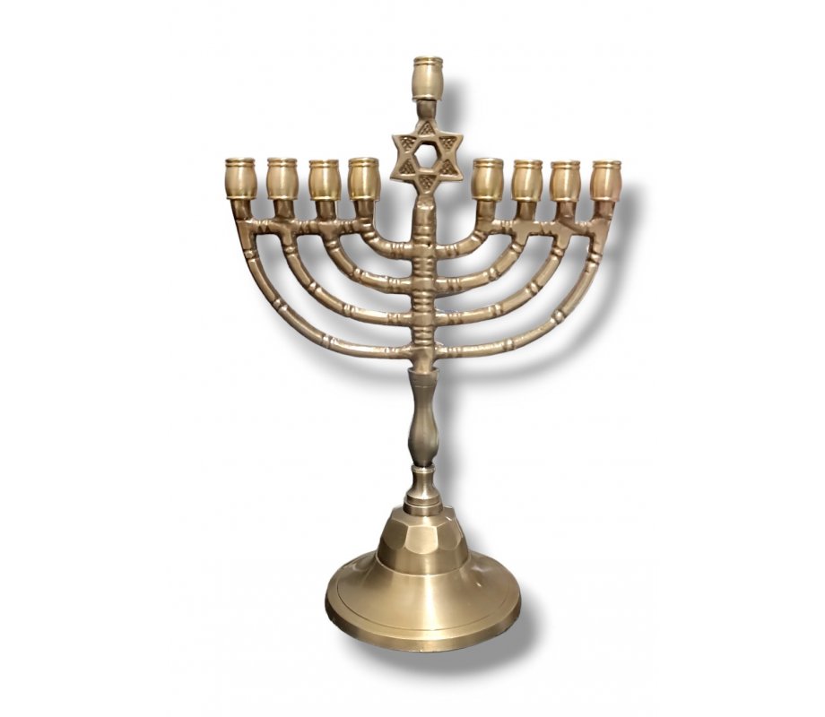 Antique Style Gold Metal Chanukah Menorah, Decorative Star of David - 8 Inches High