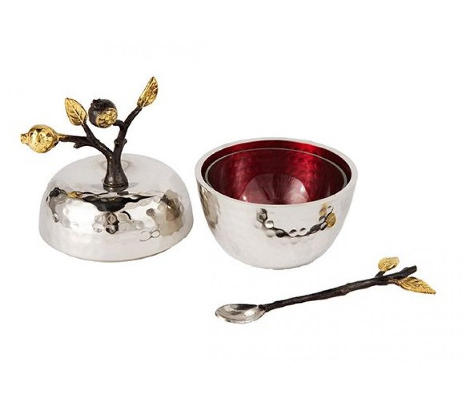 Apple Shaped Honey Dish, Hammered Stainless Steel with Gold Details - Yair Emanuel