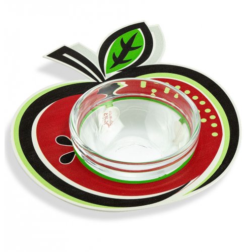 Apple Shaped Honey Dish with Glass Bowl, Red Black and Green - Dorit Judaica