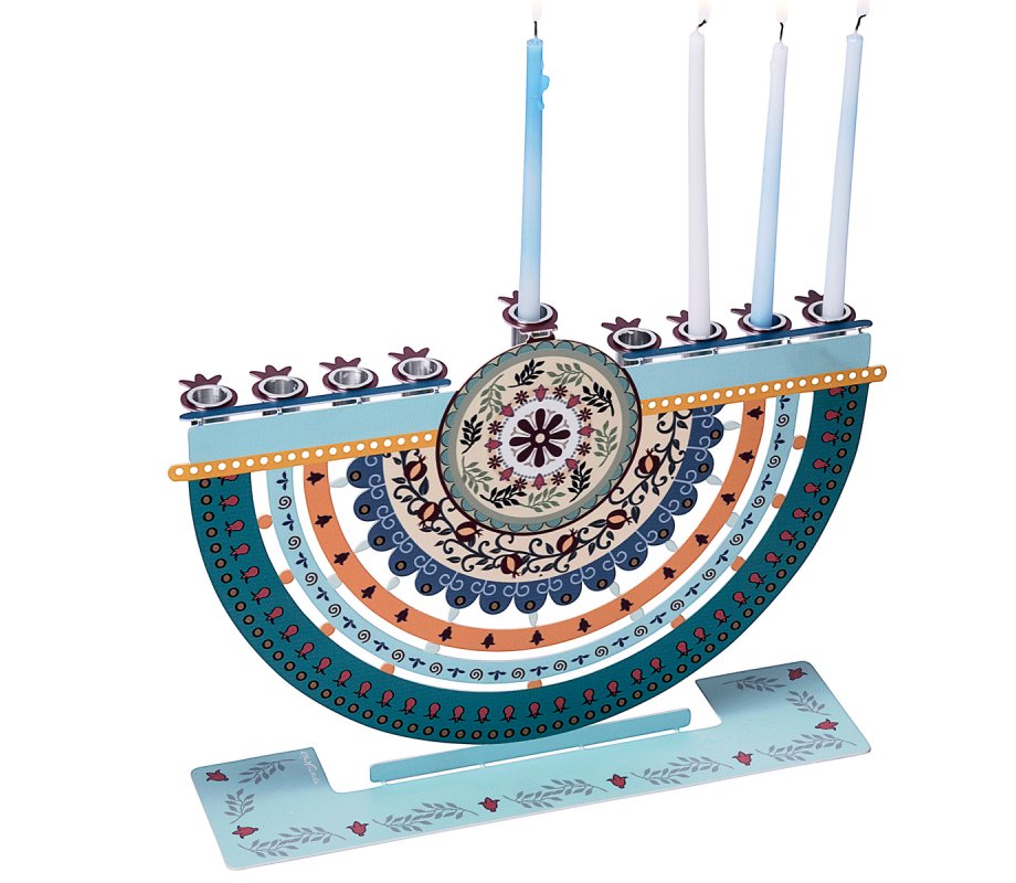 Arc Chanukah Menorah with Colorful Pomegranates, for Candles or Oil - Dorit Judaica