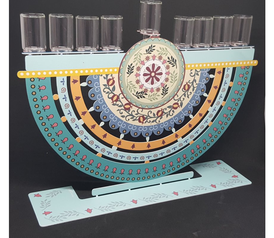 Arc Hanukkah Menorah with Colorful Pomegranates, for Oil - Dorit Judaica