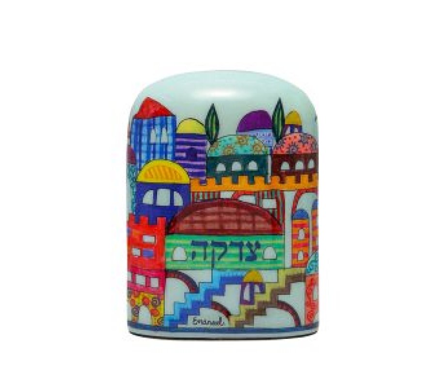 Arch Shape Charity Tzedakah Box with Colorful Jerusalem Images - Yair Emanuel