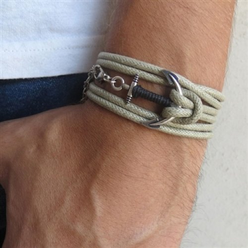 Beige Rope Triple-Wrap Men's Bracelet with Oxidized Silver-Plated Anchor Element and Black Thread by Gal Cohen