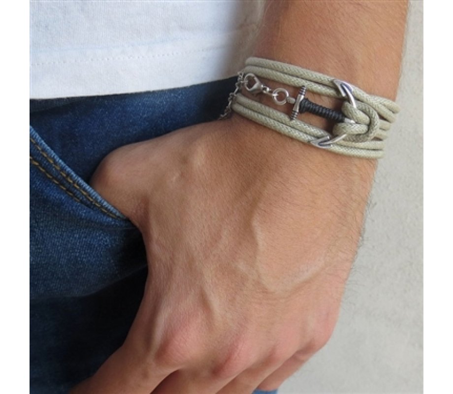 Beige Rope Triple-Wrap Men's Bracelet with Oxidized Silver-Plated Anchor Element and Black Thread by Gal Cohen
