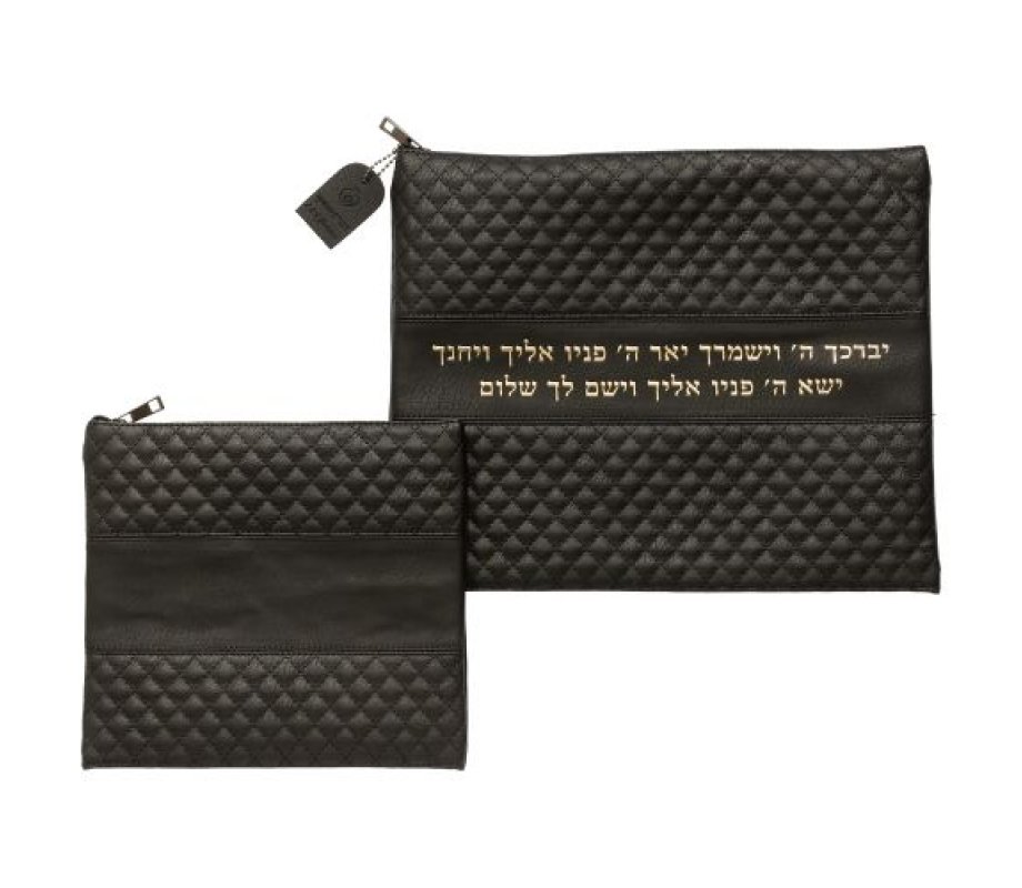Black Faux Leather Tallit and Tefillin Bag Set - Priestly Blessing in Gold