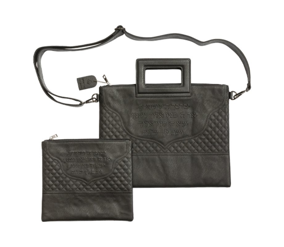Black Faux Leather Tefillin and Prayer Shawl Bag, Shoulder Strap - Priestly Blessing