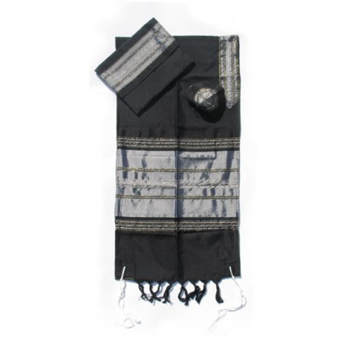 Black Handwoven Silk Prayer Shawl Set with Silver Stripes - Gabrieli