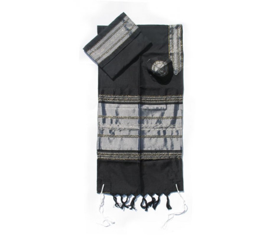 Black Handwoven Silk Prayer Shawl Set with Silver Stripes - Gabrieli