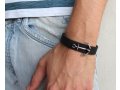Black Leather Men's Bracelet with Oxidized Silver-Plated Anchor Element