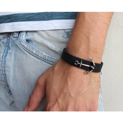 Black Leather Men's Bracelet with Oxidized Silver-Plated Anchor Element