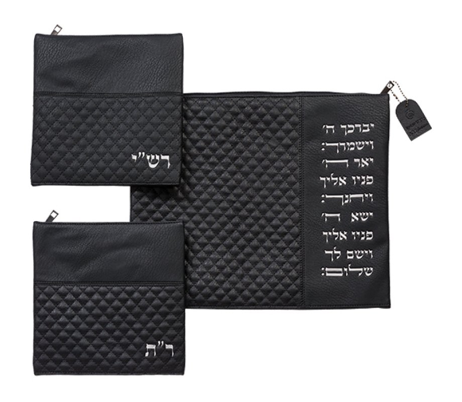 Black Tallit Bag with Cohen's Blessing and Two Bags for Rashi & Rabbeinu Tam Tefillin