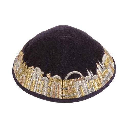 Black Velvet Kippah with Embroidered Jerusalem Images, Gold - Yair Emanuel