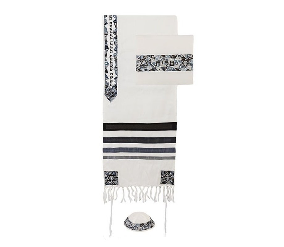 Black and Gray Embroidered Mosaic Stars of David Prayer Shawl Set - Yair Emanuel