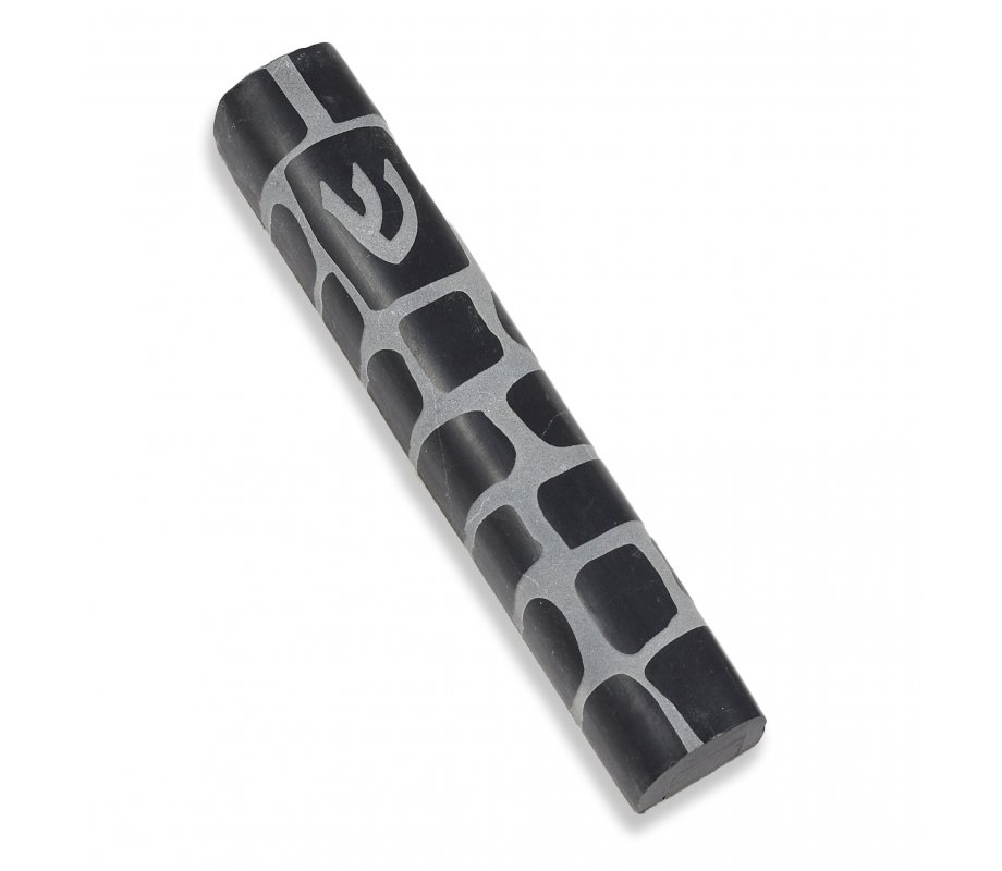 Black and White Jerusalem Stone Mezuzah Case with Western Wall Image - 4.3