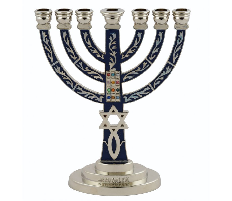 Blue & Silver 7-Branch Menorah with Fish Symbol, Star of David & Breastplate.