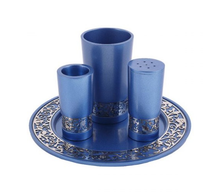 Blue Aluminum Havdalah Set with Silver Pomegranates Band - Yair Emanuel