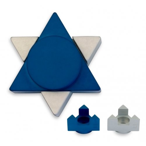 Blue Anodized Aluminum Travel Shabbat Candlesticks, Star of David - Avner Agayof