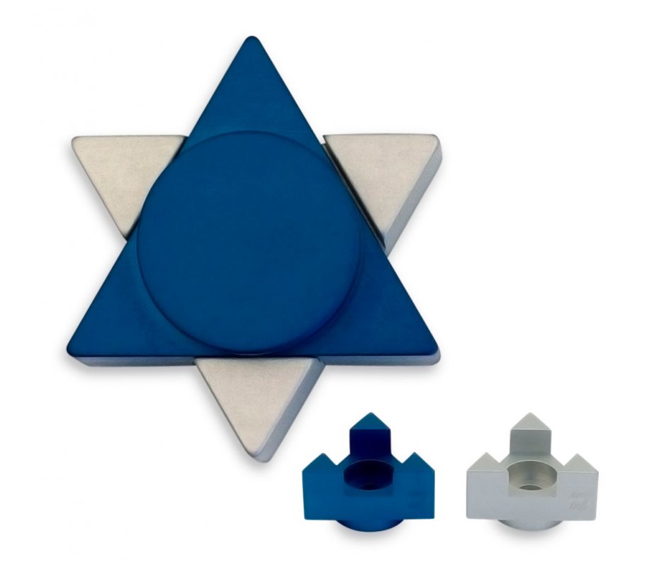 Blue Anodized Aluminum Travel Shabbat Candlesticks, Star of David - Avner Agayof