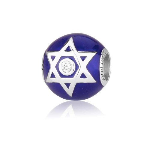 Blue Bead Bracelet Charm, Star of David with Crystal Center - Sterling Silver