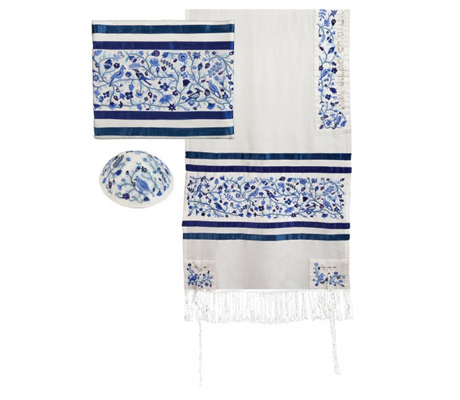 Blue Cotton & Silk Prayer Shawl Set Embroidered Birds and Flowers - Yair Emanuel