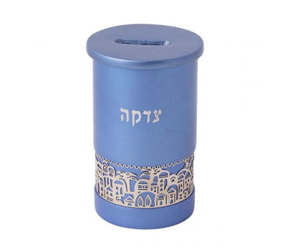 Blue Cylinder Charity Tzedakah Box, Cut out Jerusalem Images - Yair Emanuel